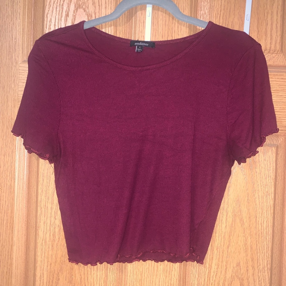 burgundy ribbed crop top with lettuce trim on sleeves and bottom